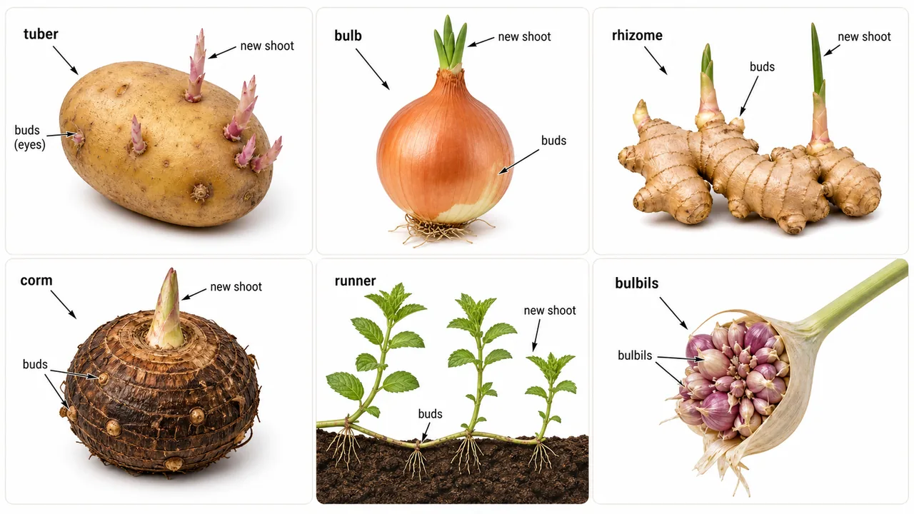 Comparison of tuber, bulb, rhizome, corm, runner, and bulbils showing buds and new shoots in crop plants