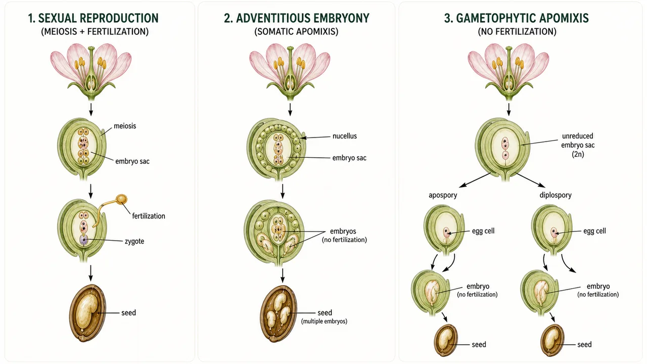 Comparison of sexual reproduction, adventitious embryony, and gametophytic apomixis in flowering plants showing where embryos form with or without fertilization