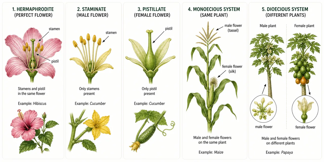 Comparison of hermaphrodite, staminate, pistillate, monoecious, and dioecious flower systems with crop examples