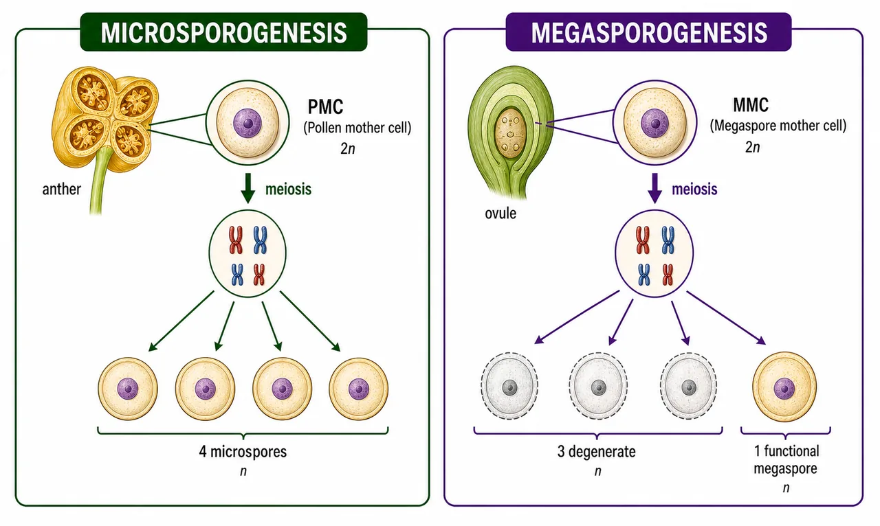 Microsporogenesis versus megasporogenesis comparison showing pollen mother cells in anther producing four microspores and megaspore mother cell in ovule producing one functional megaspore after meiosis