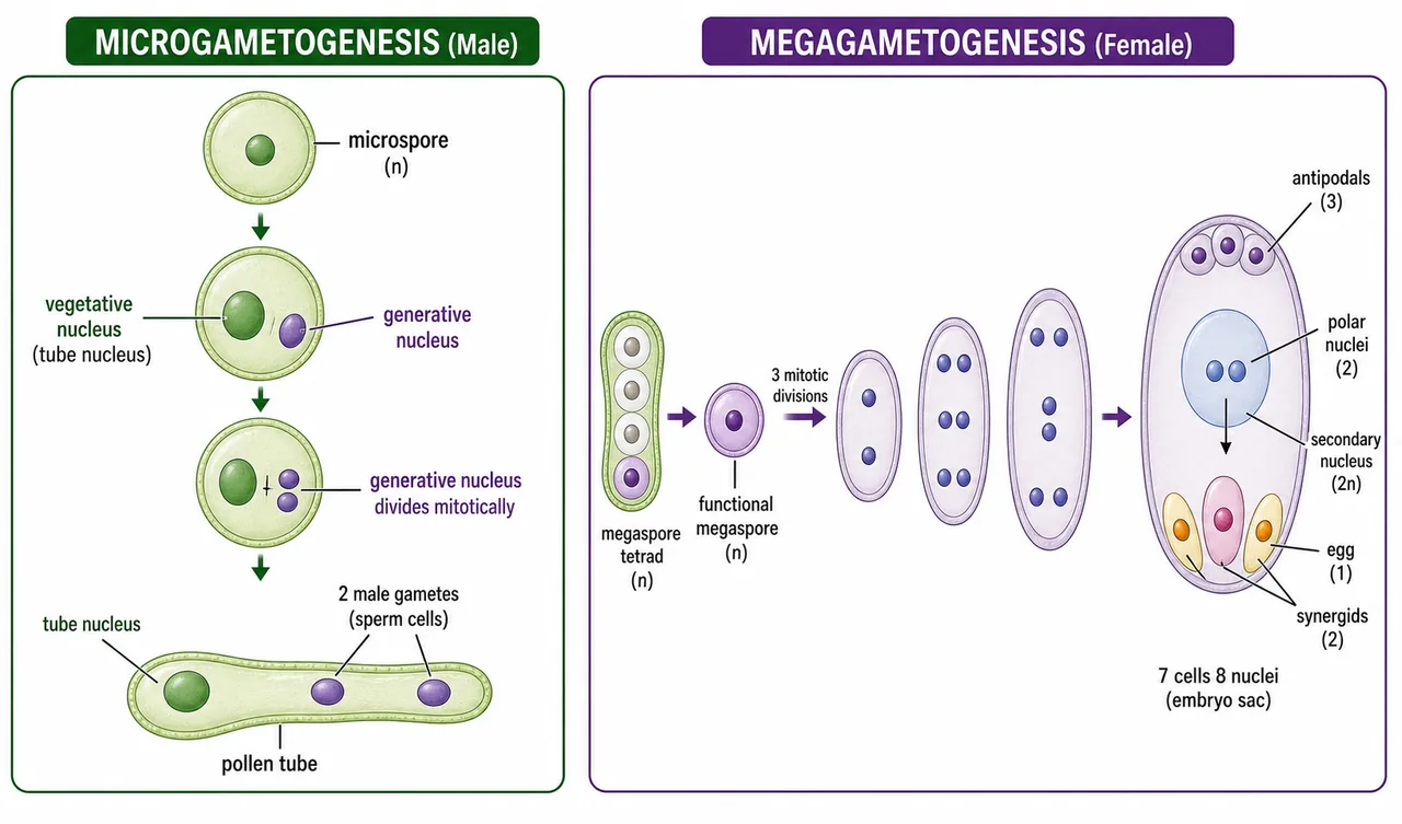 Microgametogenesis versus megagametogenesis board showing pollen development into two male gametes and functional megaspore development into a 7 celled 8 nucleate embryo sac