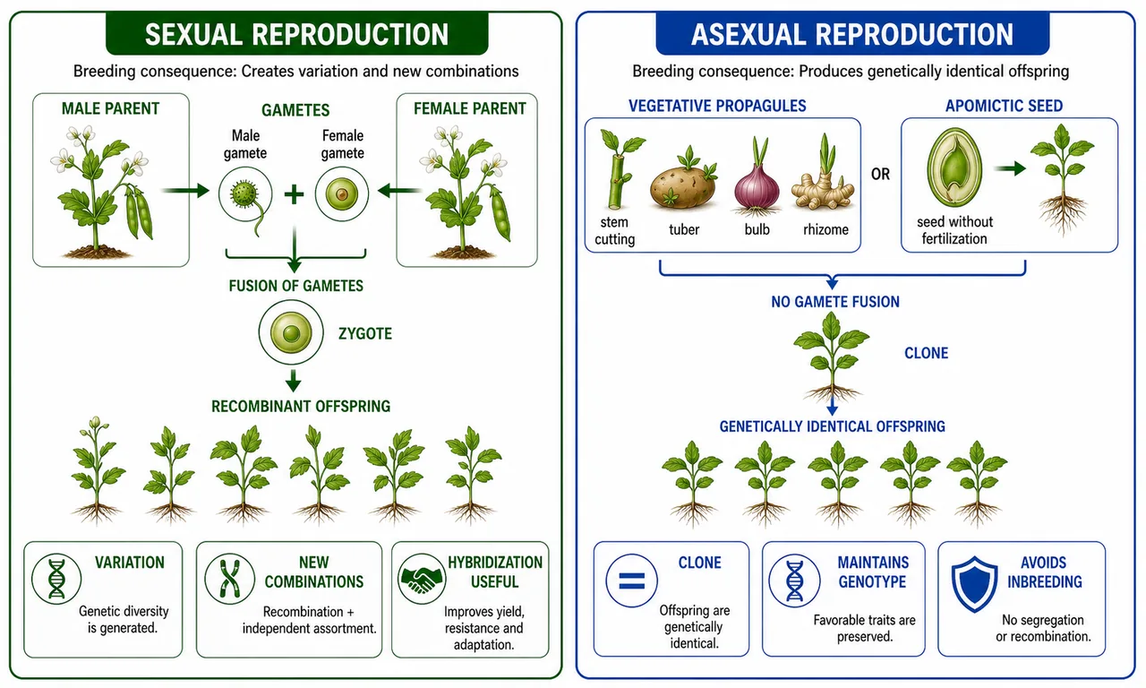 Sexual versus asexual reproduction breeding comparison showing gamete fusion creating variation and hybrid combinations versus clonal propagation maintaining the same genotype