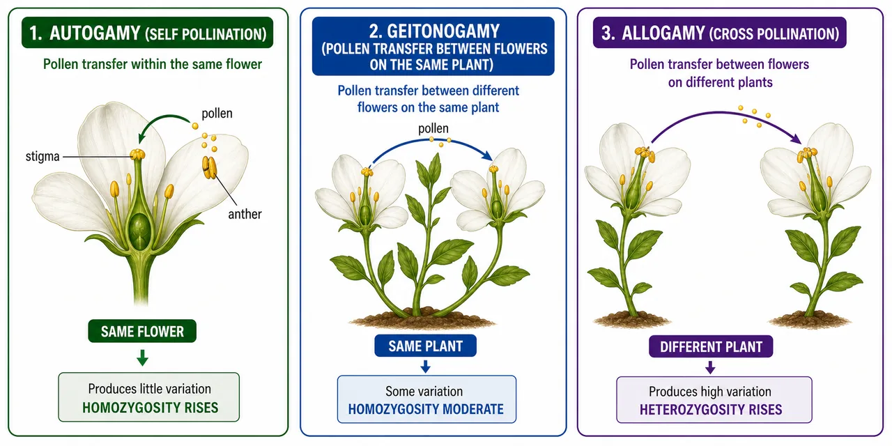 Autogamy geitonogamy and allogamy comparison showing pollen transfer within the same flower, between flowers on the same plant, and between different plants