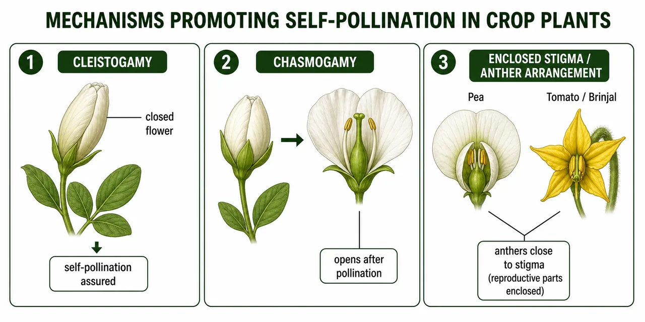 Mechanisms promoting self-pollination showing cleistogamy, chasmogamy, and enclosed reproductive parts that keep pollen close to the stigma