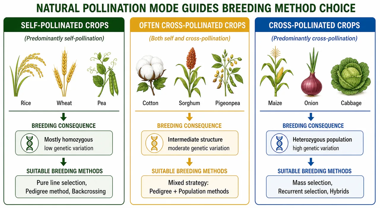 Pollination mode to breeding method choice comparison showing self-pollinated, often cross-pollinated, and cross-pollinated crops with their typical genetic structure and breeding approaches