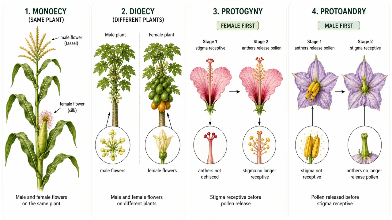Mechanisms promoting cross-pollination showing monoecy, dioecy, protogyny, and protoandry in crop plants