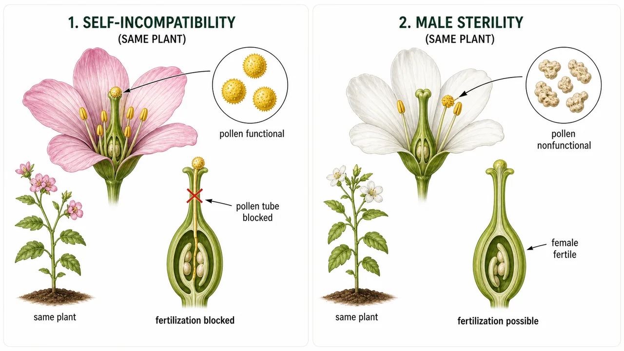 Comparison of self-incompatibility and male sterility showing functional pollen blocked at fertilization versus nonfunctional pollen with normal female organs