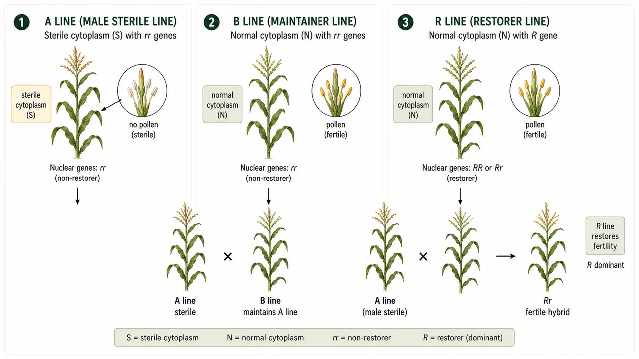 CGMS system showing male sterile A line, maintainer B line, and restorer line producing fertile hybrid through dominant restorer gene
