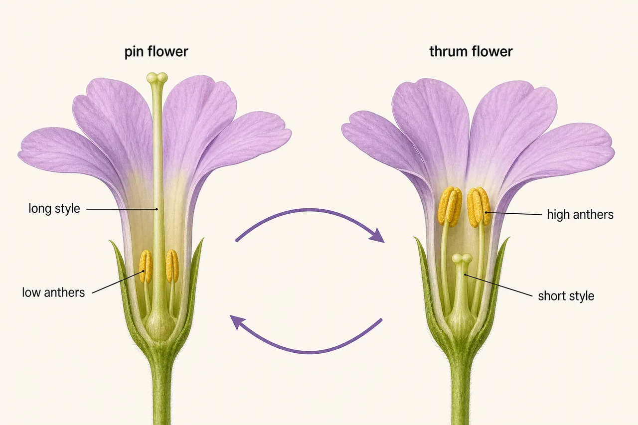 Heteromorphic self-incompatibility in Primula showing pin and thrum flowers with reciprocal style and anther positions