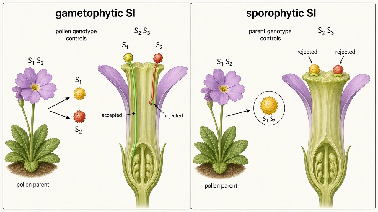 Homomorphic self-incompatibility comparison showing gametophytic versus sporophytic S-allele control and pollen rejection sites