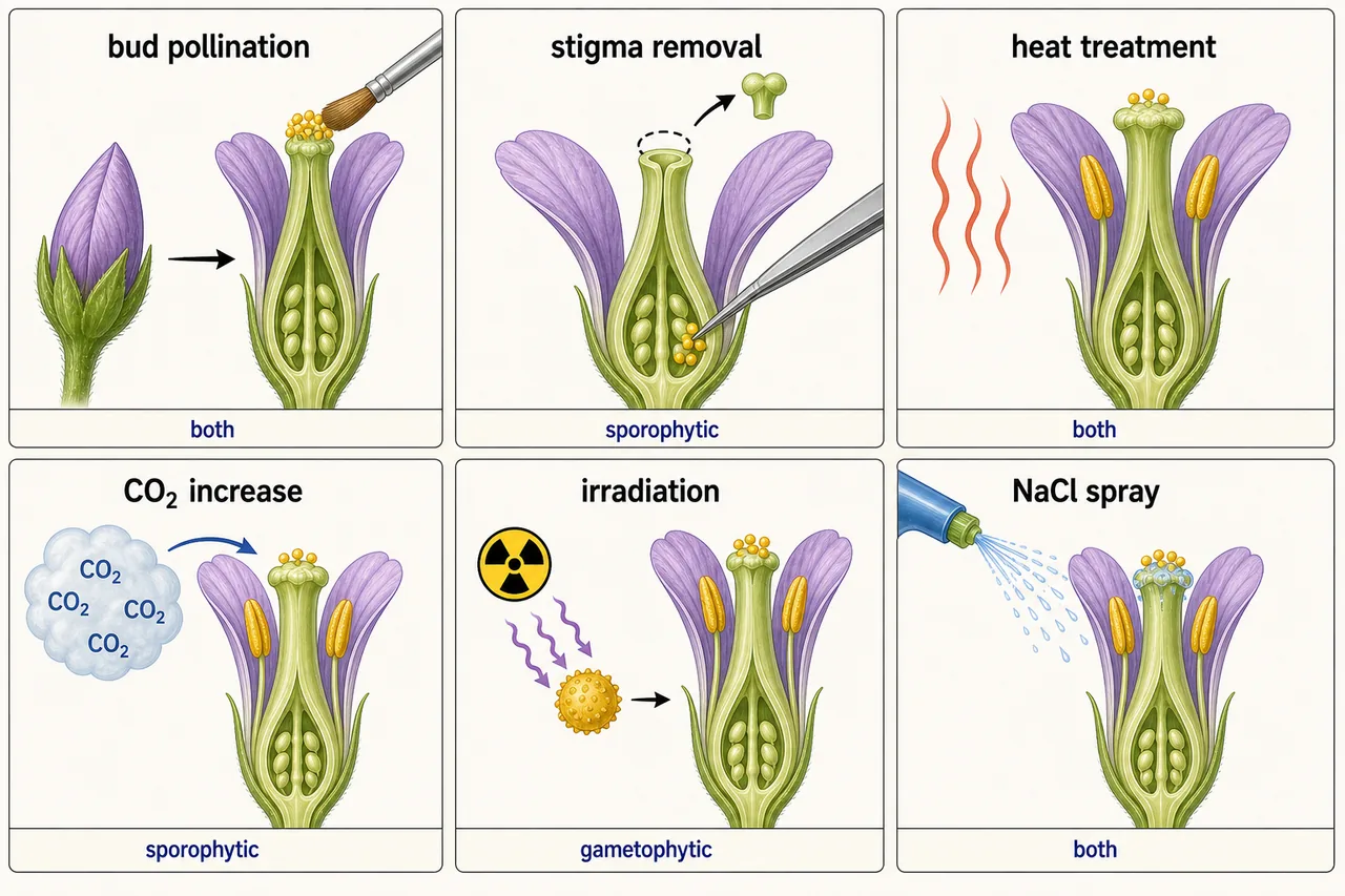 Temporary suppression of self-incompatibility showing bud pollination, stigma removal, heat treatment, CO2 increase, irradiation, and sodium chloride spray