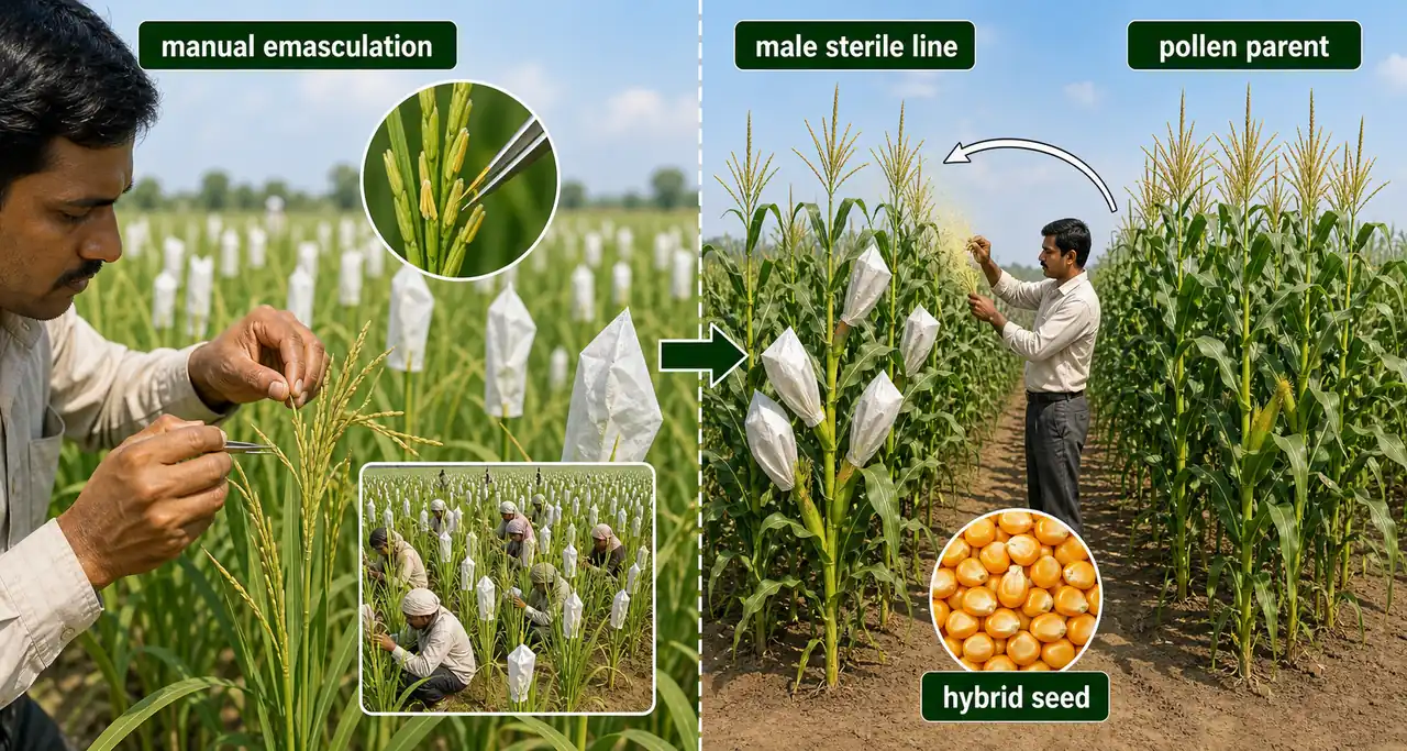 Comparison showing laborious manual emasculation versus efficient hybrid seed production using a male sterile line and selected pollen parent