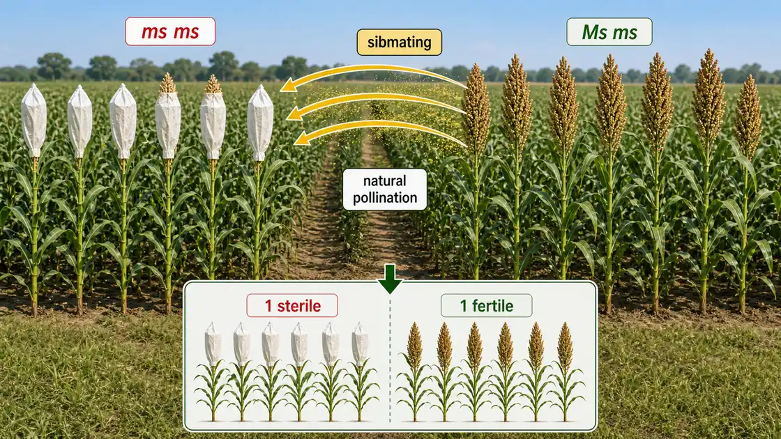 Sibmating logic for maintaining a genetic male sterile line showing ms ms sterile plants pollinated by Ms ms fertile siblings to produce a one sterile to one fertile ratio