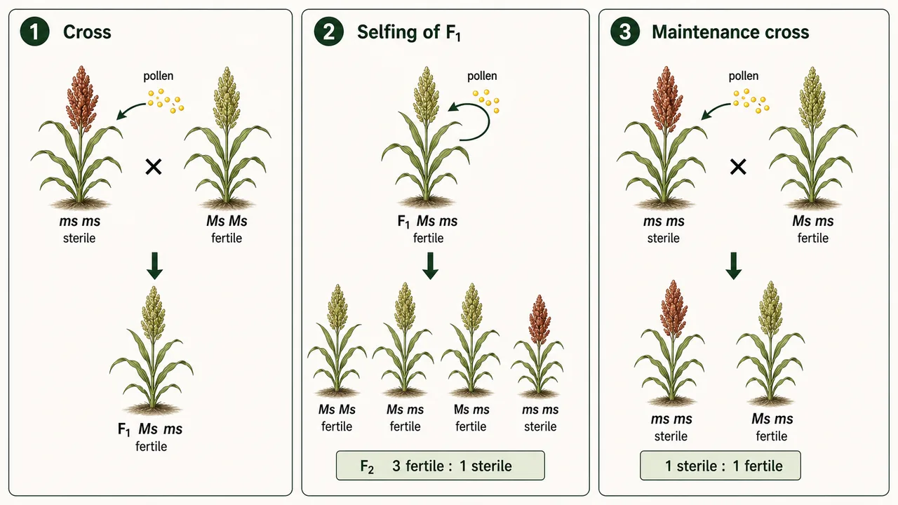Genetic male sterility board showing GMS inheritance and maintenance ratios in plant breeding