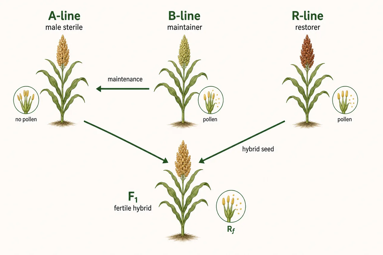 CGMS three-line system board showing A-line, B-line, R-line, and fertility restoration in the F1 hybrid