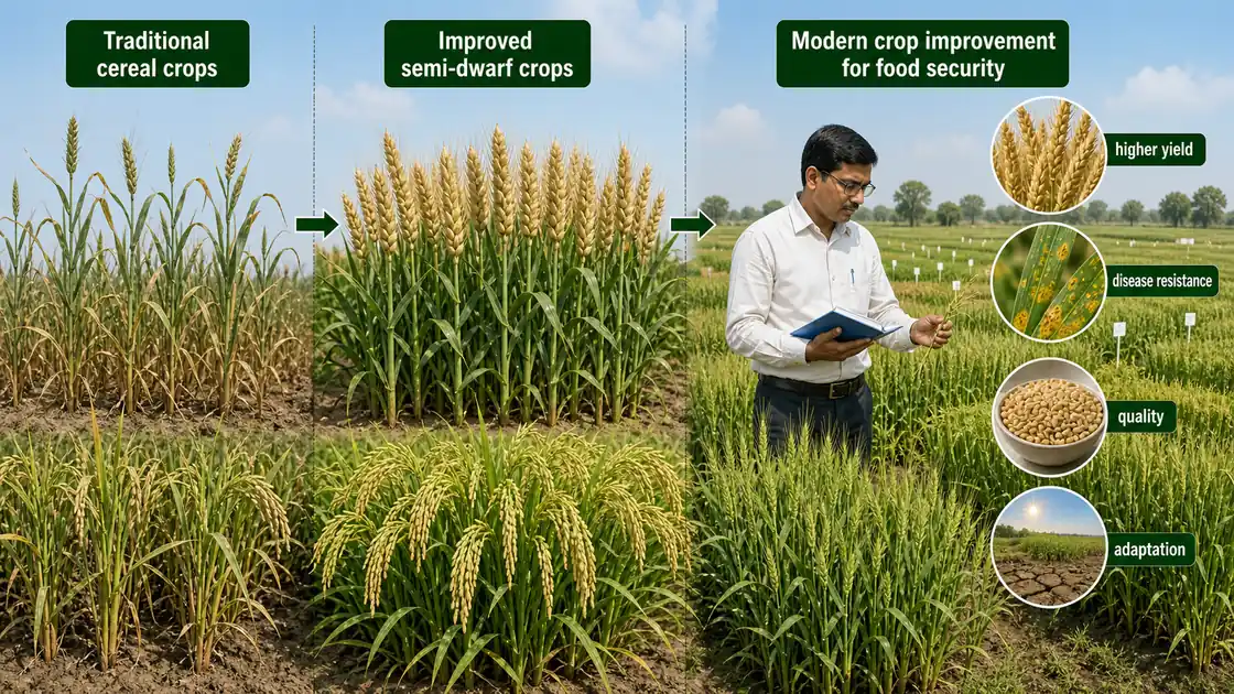 Plant breeding impact in agriculture showing improved semi dwarf cereal crops, higher yield, disease resistance, grain quality, and climate adaptation in a breeding field