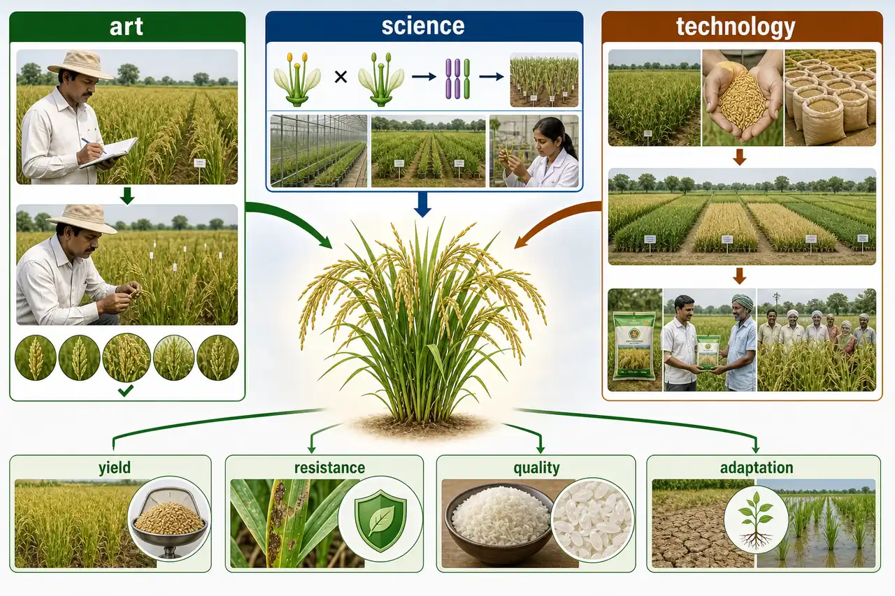 Educational board showing plant breeding as art, science, and technology with field selection, crossing and evaluation, and seed delivery to farmers