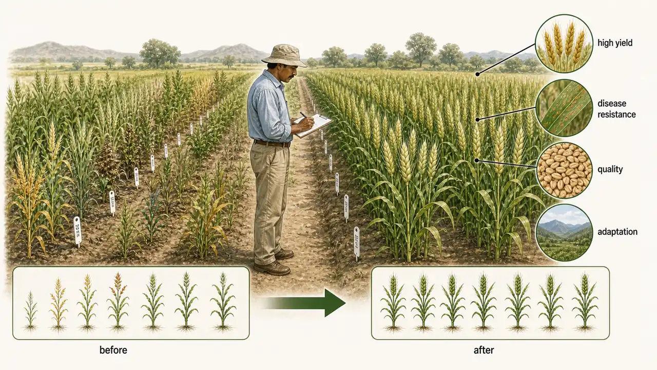 Plant breeding field selection showing improvement targets such as high yield, disease resistance, quality, and adaptation