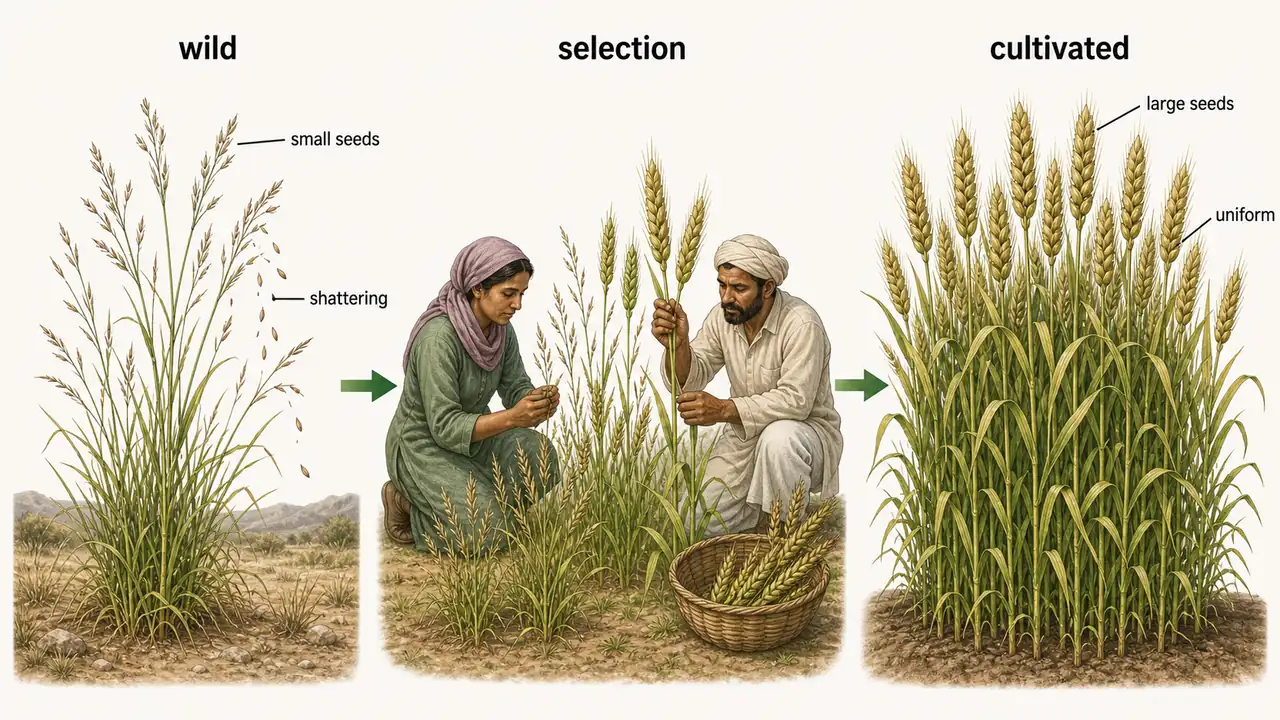 Crop domestication sequence showing wild grass traits, human selection, and cultivated cereal plants with larger uniform seed heads