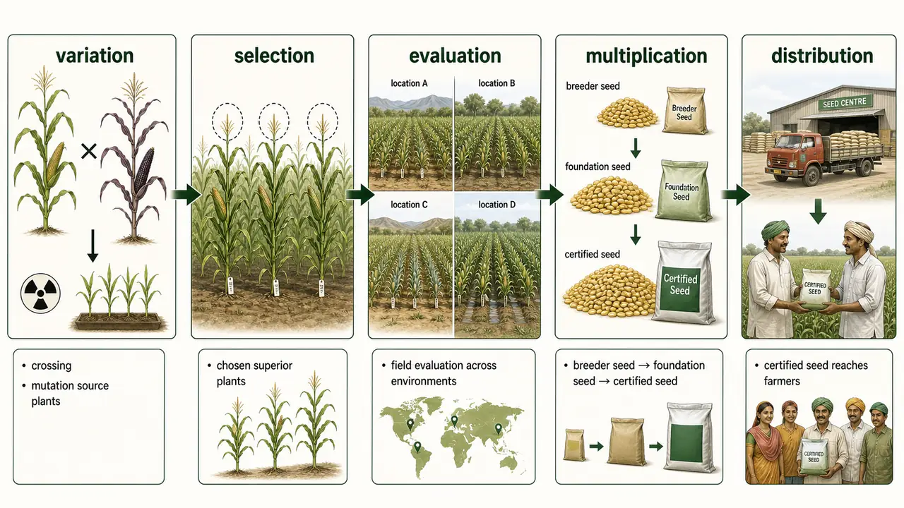 Core plant breeding workflow showing creation of variation, selection, evaluation, multiplication, and distribution of improved seed