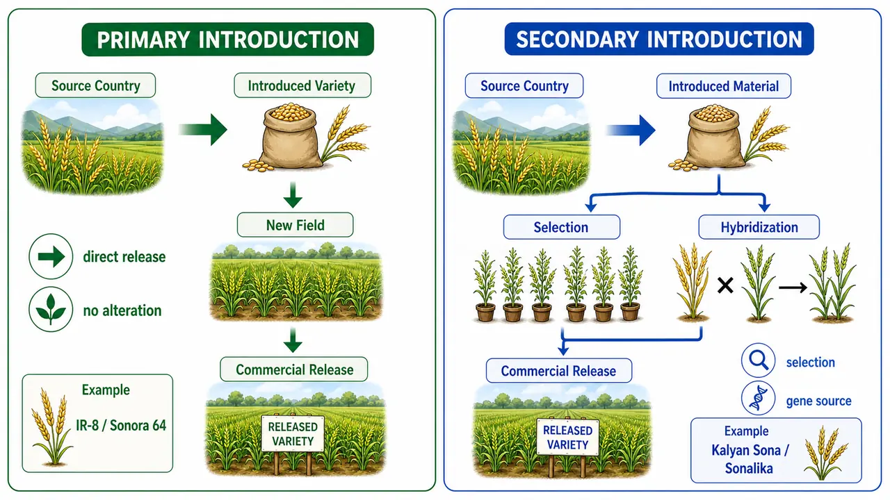 Primary versus secondary plant introduction comparison showing direct release of an introduced variety on one side and selection or hybridization before release on the other