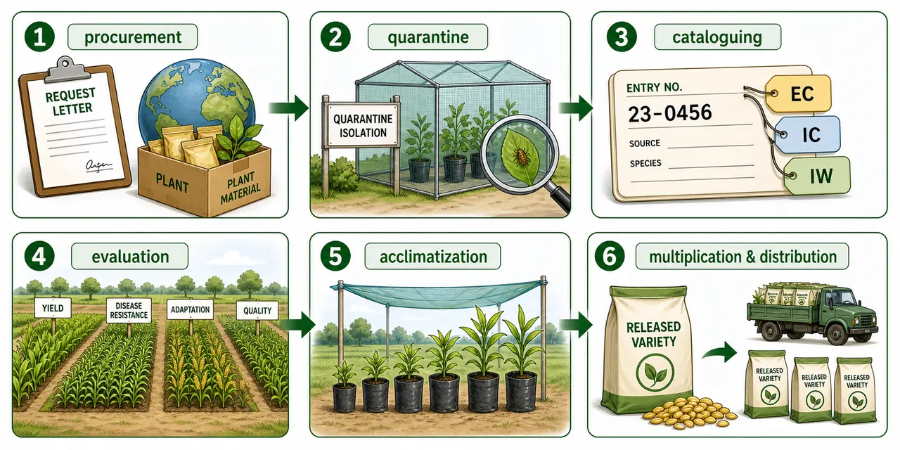 Procedure of plant introduction showing procurement, quarantine, cataloguing, evaluation, acclimatization, and multiplication and distribution through NBPGR