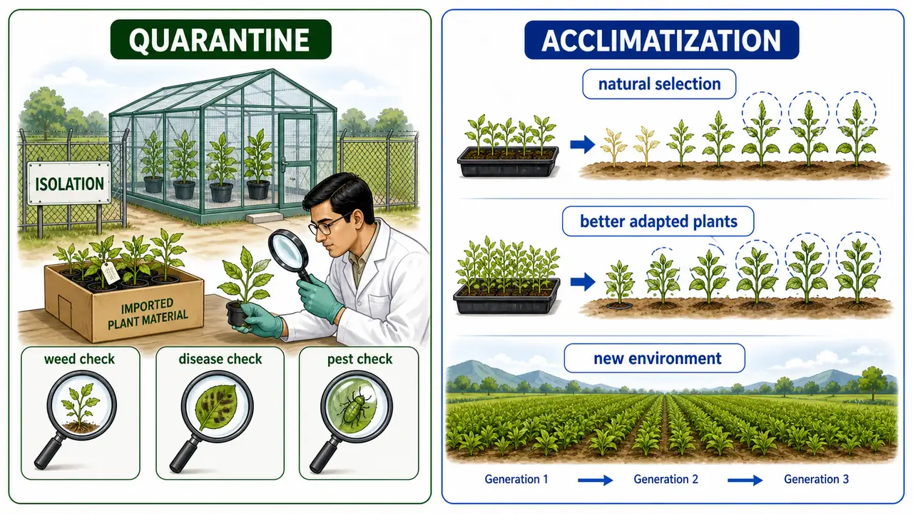 Quarantine and acclimatization comparison showing isolation and pest-disease screening of introduced material on one side and gradual adaptation to a new environment on the other