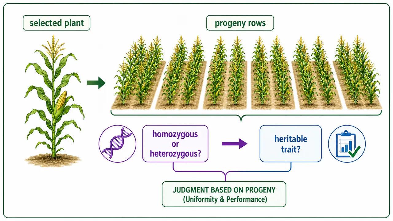 Progeny test logic showing a selected parent plant followed by progeny rows used to judge heritability and whether the plant is homozygous or heterozygous