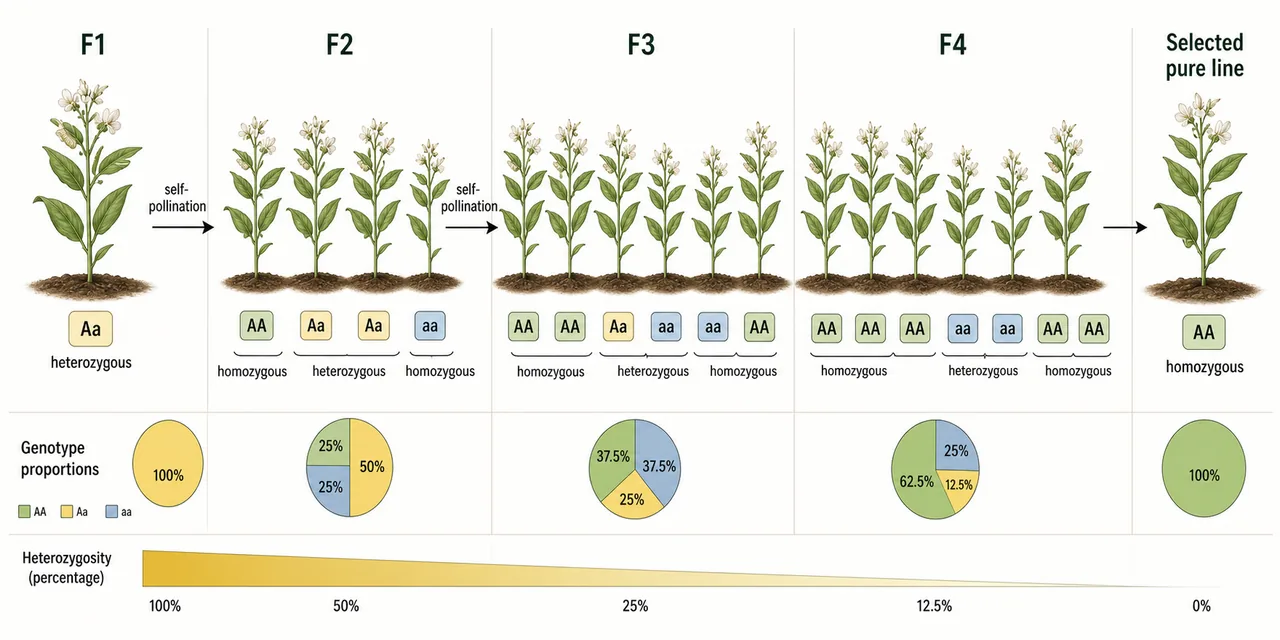 Progress of repeated self-pollination from F1 to selected pure line showing falling heterozygosity and rising homozygosity across generations