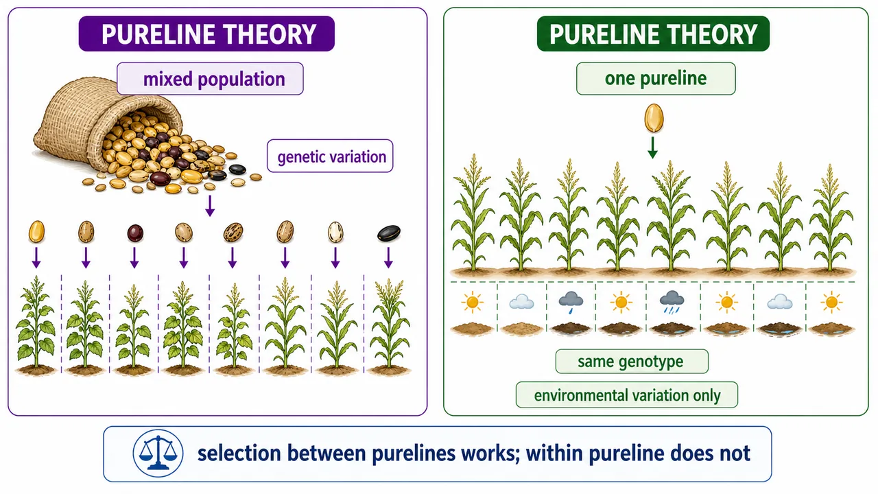 Pureline theory comparison showing a mixed self-pollinated population with genetic variation versus a single pureline where observed variation is only environmental