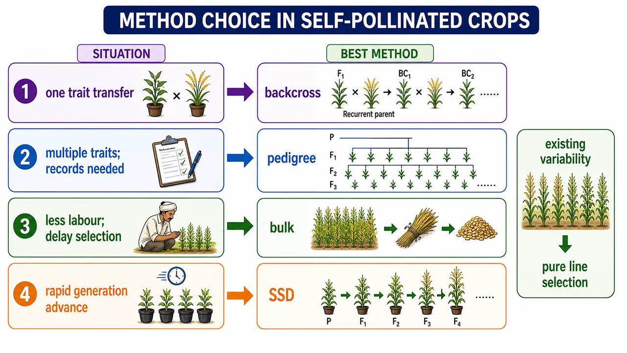 Decision guide for breeding methods in self-pollinated crops showing when to use backcross, pedigree, bulk, SSD, and pure line selection