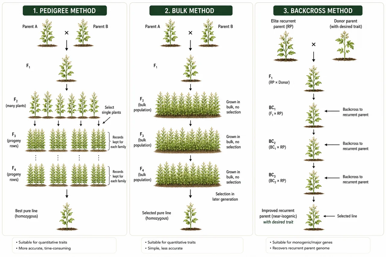 Comparison of pedigree, bulk, and backcross breeding methods in self-pollinated crops across generations