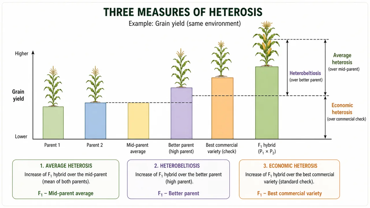 Comparison of average heterosis, heterobeltiosis, and economic heterosis using parent, better parent, commercial variety, and F1 hybrid yield bars