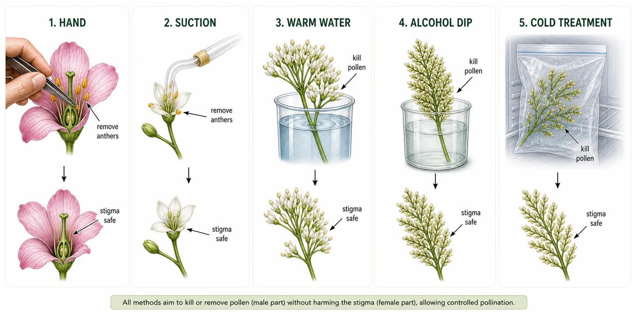 Comparison of hand, suction, warm water, alcohol dip, and cold treatment methods used for emasculation before controlled pollination