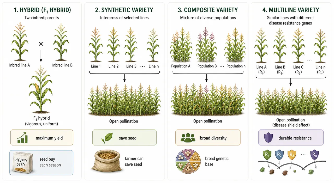 Comparison of hybrid, synthetic, composite, and multiline variety types in cross-pollinated crops with their main use cases