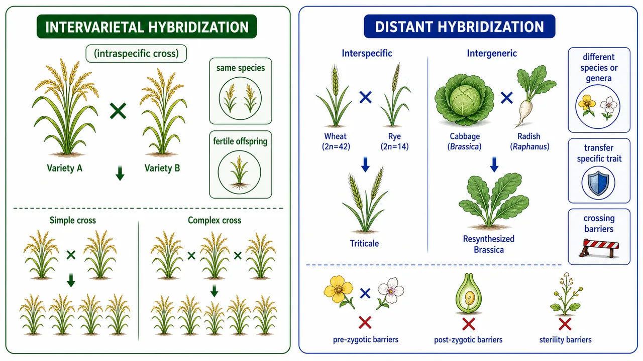 Plant breeding comparison of intervarietal hybridization versus distant hybridization showing same-species crossing and wide crosses with sterility barriers