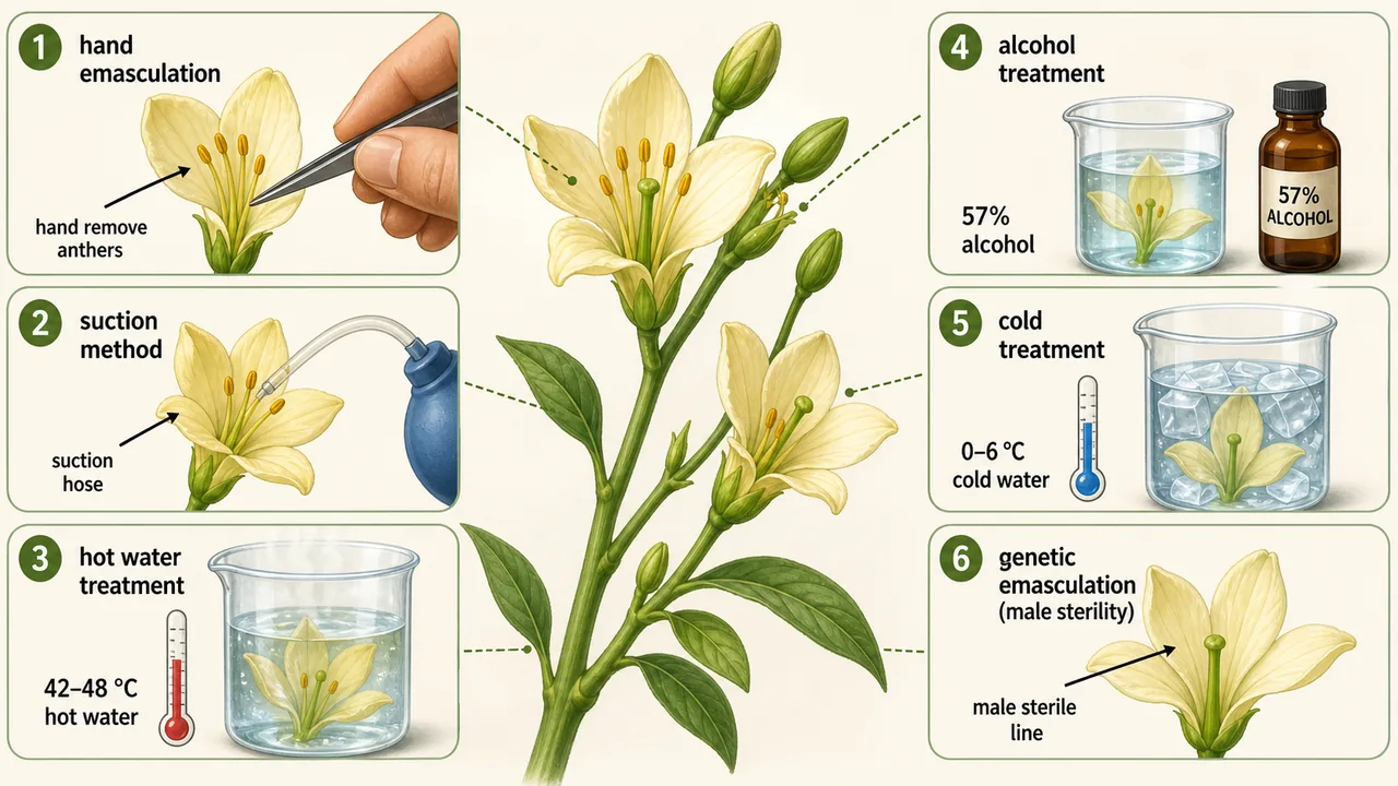 Emasculation techniques in crop hybridization showing hand, suction, hot water, alcohol, cold, and genetic male sterility methods