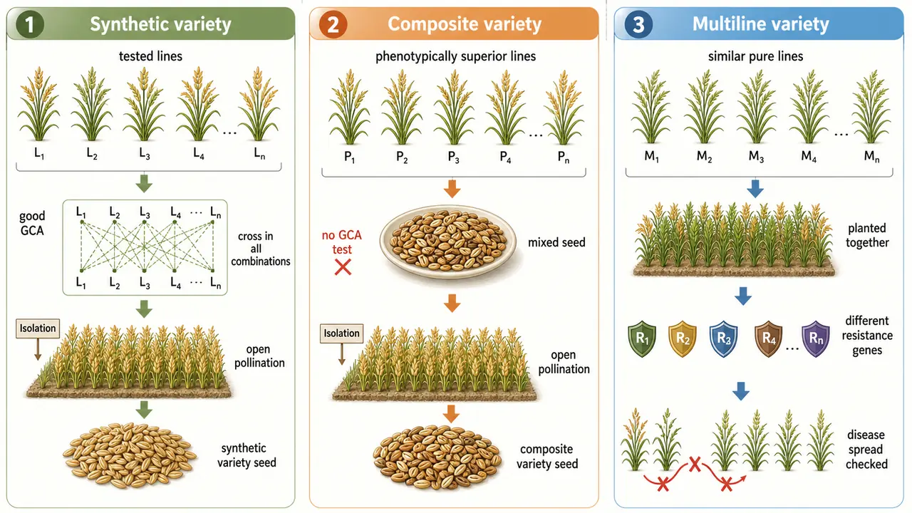 Comparison of synthetic, composite, and multiline varieties in plant breeding showing combining ability testing, seed mixing, open pollination, and disease resistance diversity