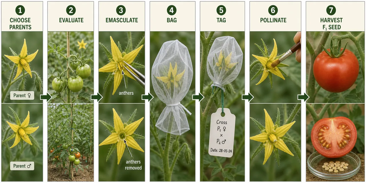 Practical seven-step hybridization workflow in plant breeding showing parent choice, evaluation, emasculation, bagging, tagging, pollination, and harvest of F1 seed