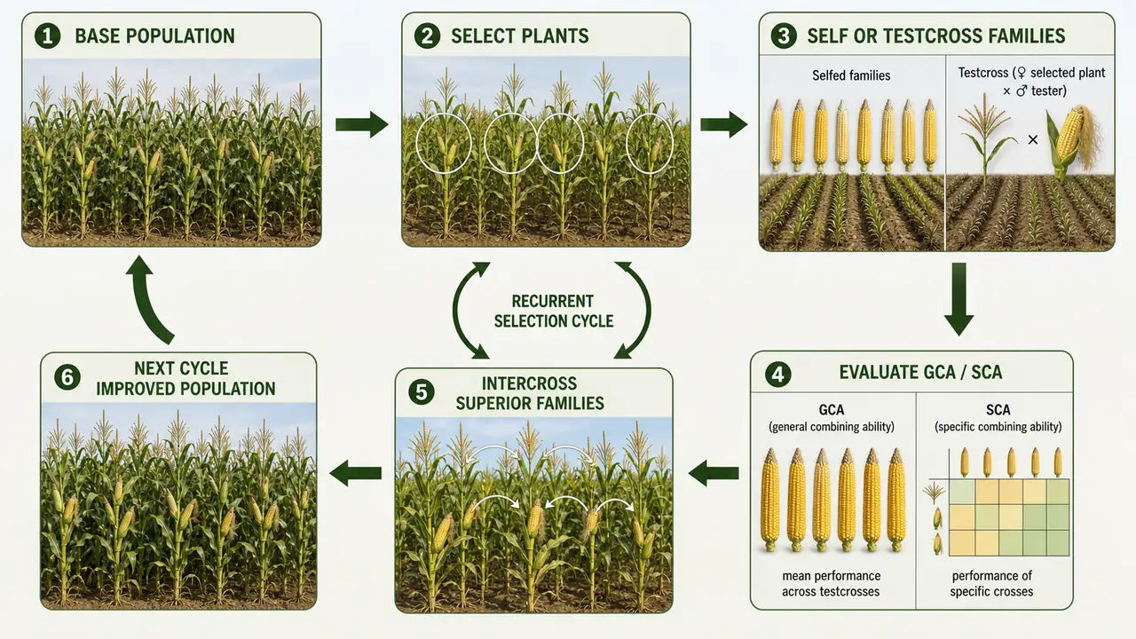 Recurrent selection cycle in a cross-pollinated crop showing base population, plant selection, selfed or testcross families, evaluation of GCA and SCA, intercrossing superior families, and an improved next-cycle population