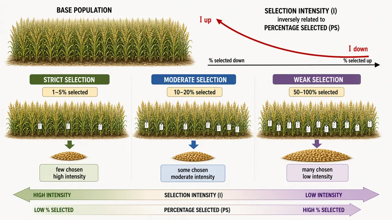Selection intensity versus percentage selected in plant breeding showing strict, moderate, and weak mass selection from the same field population