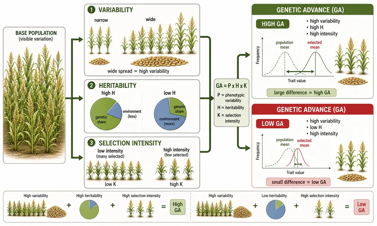 Heritability and genetic advance logic in crop selection showing variability, heritability, and selection intensity combining to determine breeding gain