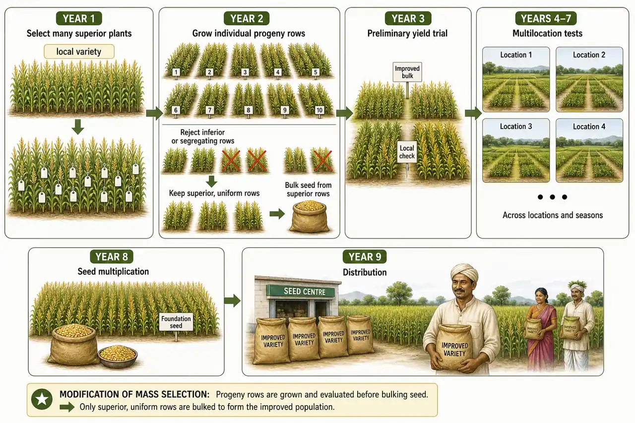 Modified mass selection workflow showing local variety, selection of many plants, progeny-row evaluation, bulking of superior rows, trials, and seed multiplication