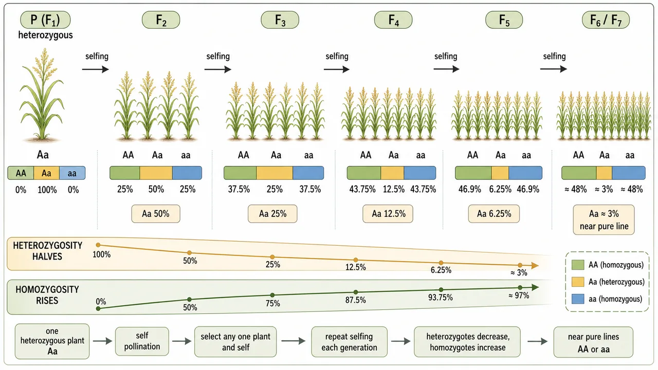 Repeated selfing in pure-line breeding showing heterozygosity halving each generation and homozygosity increasing toward a stable pure line