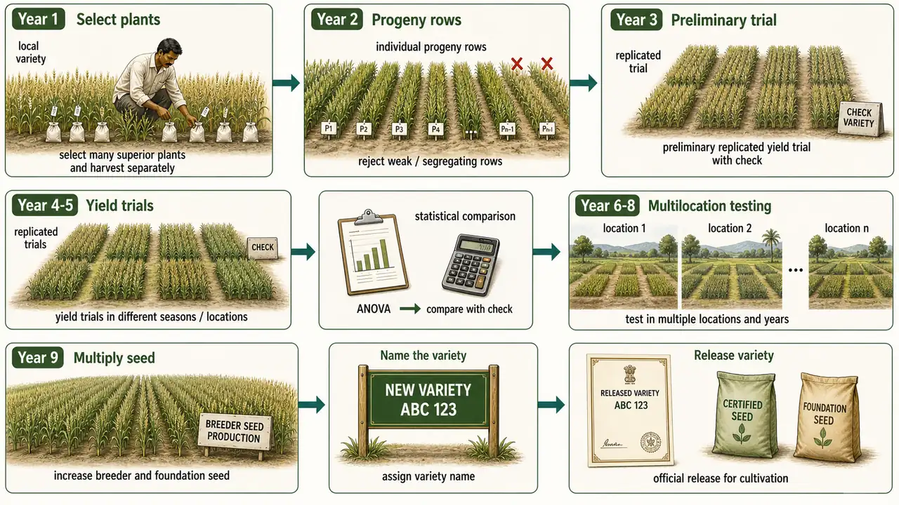 Pure-line selection procedure across years showing plant selection, progeny-row evaluation, yield trials, multilocation testing, and release of a self-pollinated crop variety