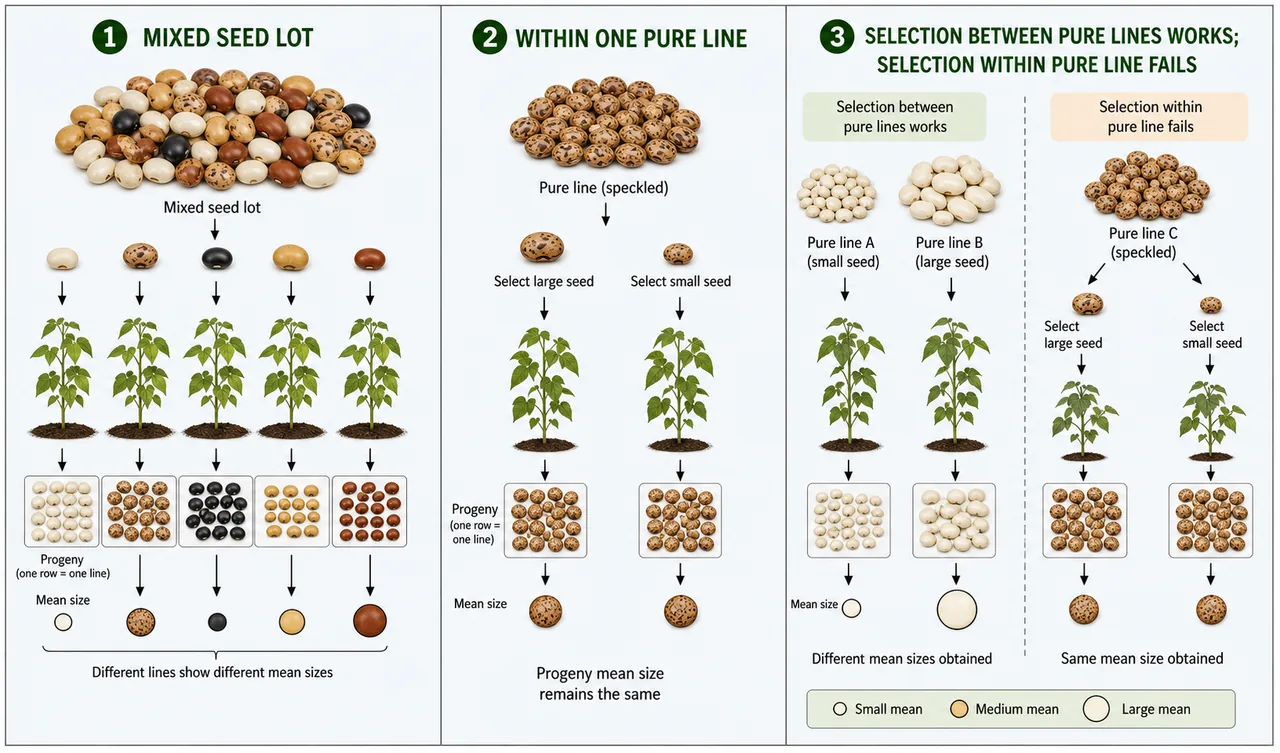 Johannsen pure line theory illustration showing a mixed seed lot producing different pure lines, while selecting large and small seeds within one pure line gives the same progeny mean and therefore fails