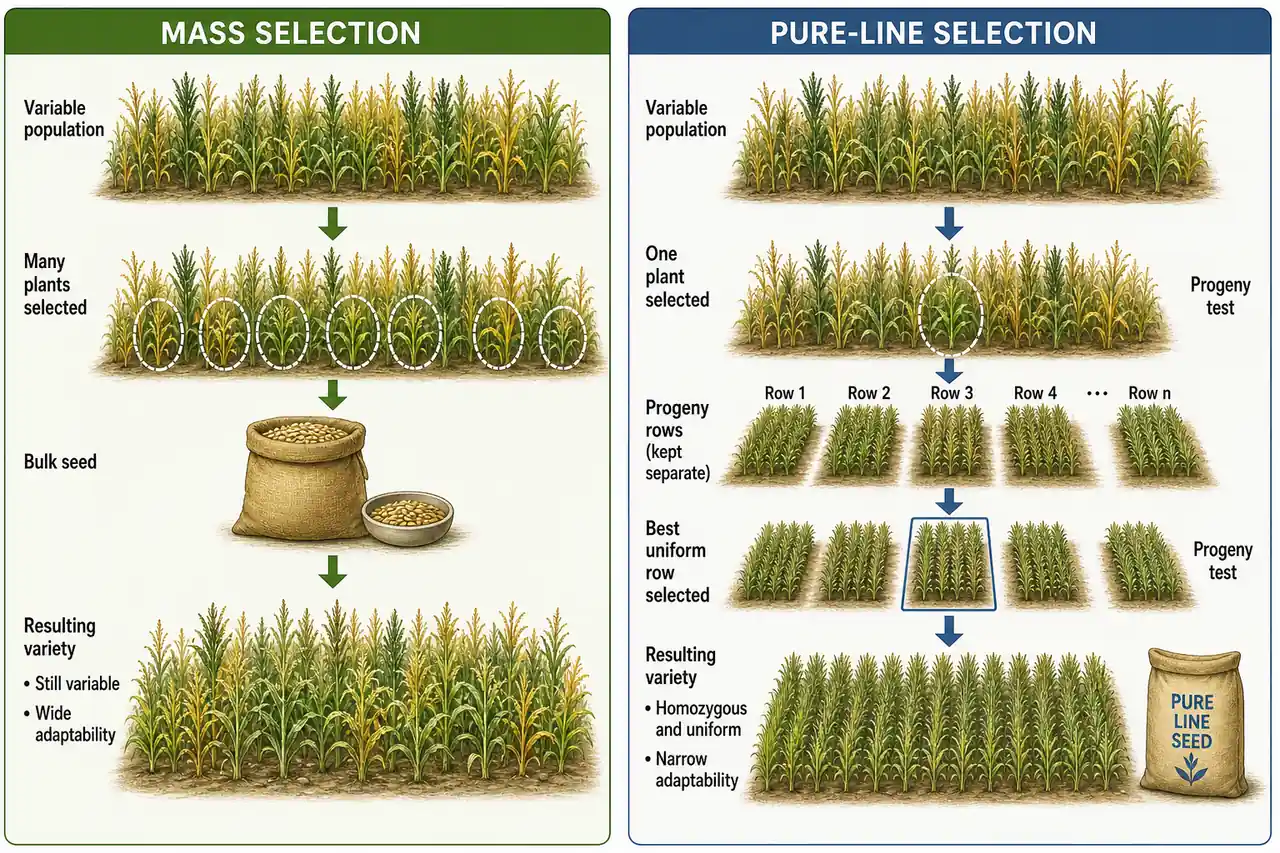 Mass selection versus pure-line selection in plant breeding showing bulked seed from many plants compared with separate progeny rows from one selected plant