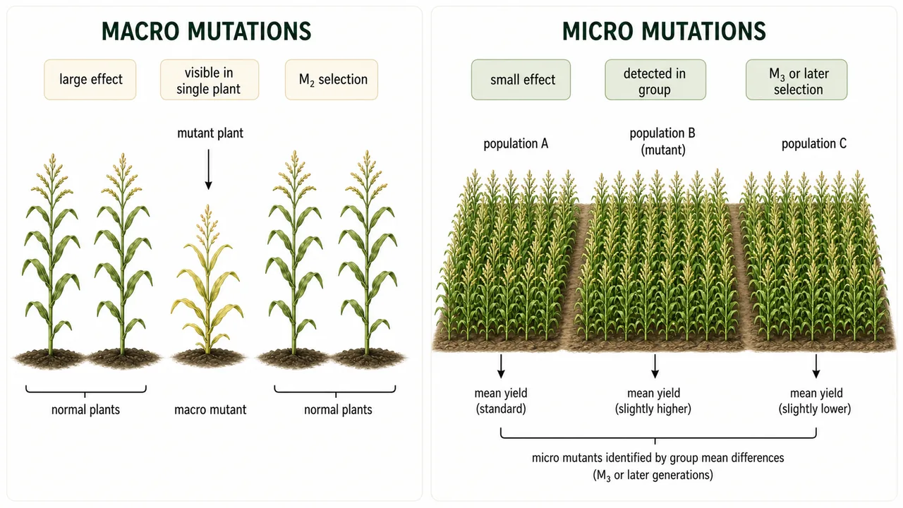 Comparison of macro mutations and micro mutations showing clearly visible single-plant mutant versus subtle group-level differences detected in progeny rows