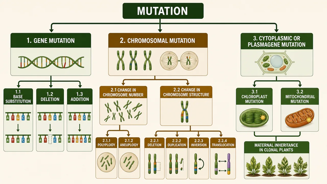 Classification of mutations showing gene mutation, chromosomal mutation, and cytoplasmic or plasmagene mutation with examples of sequence change, chromosome number or structure change, and chloroplast or mitochondrial mutation
