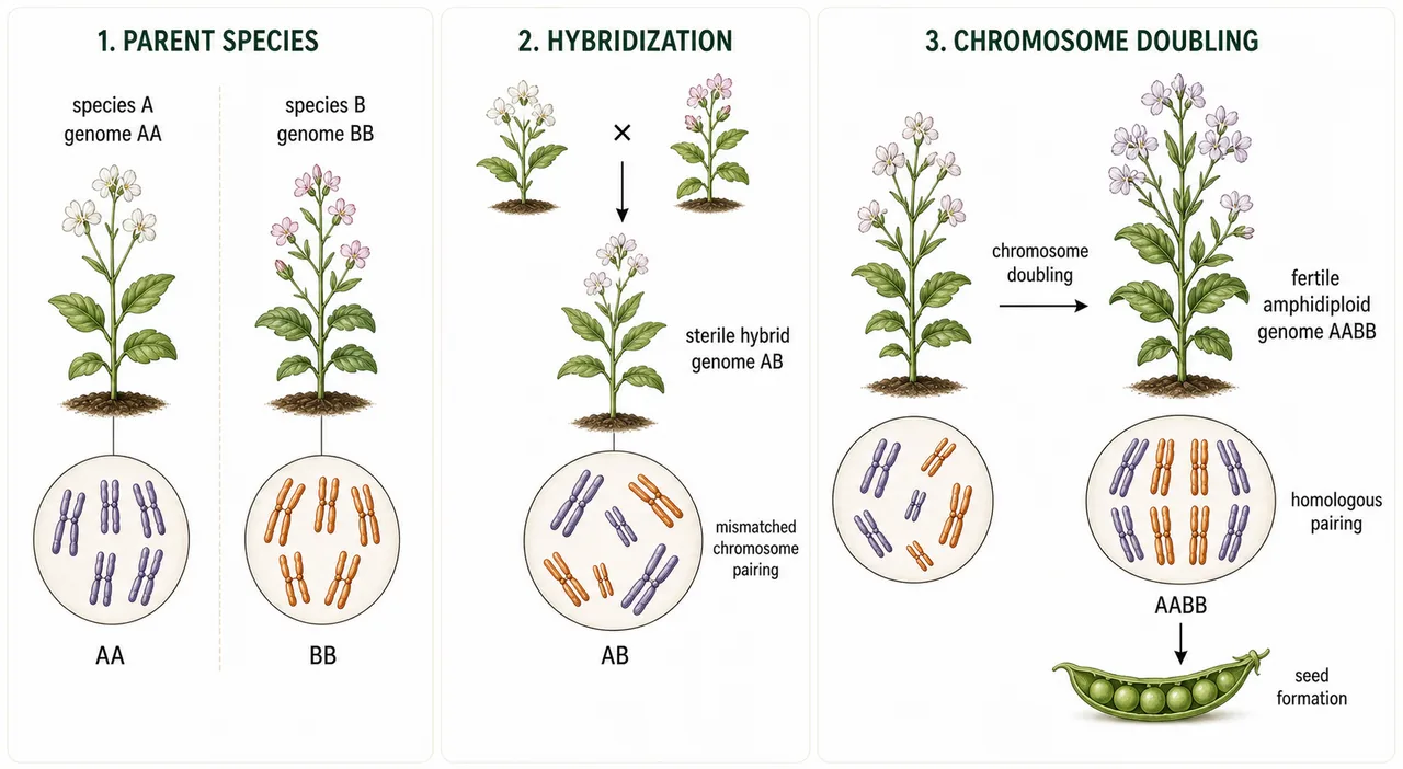 Allopolyploid synthesis showing species A and species B hybridizing into a sterile AB hybrid followed by chromosome doubling to form a fertile amphidiploid AABB